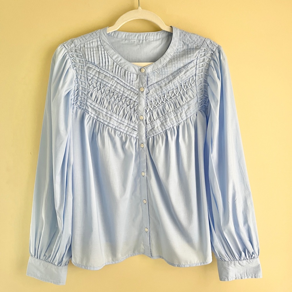 Cotton Smocked Top Women's Large Country Blue Feminine Cottage Country Classic